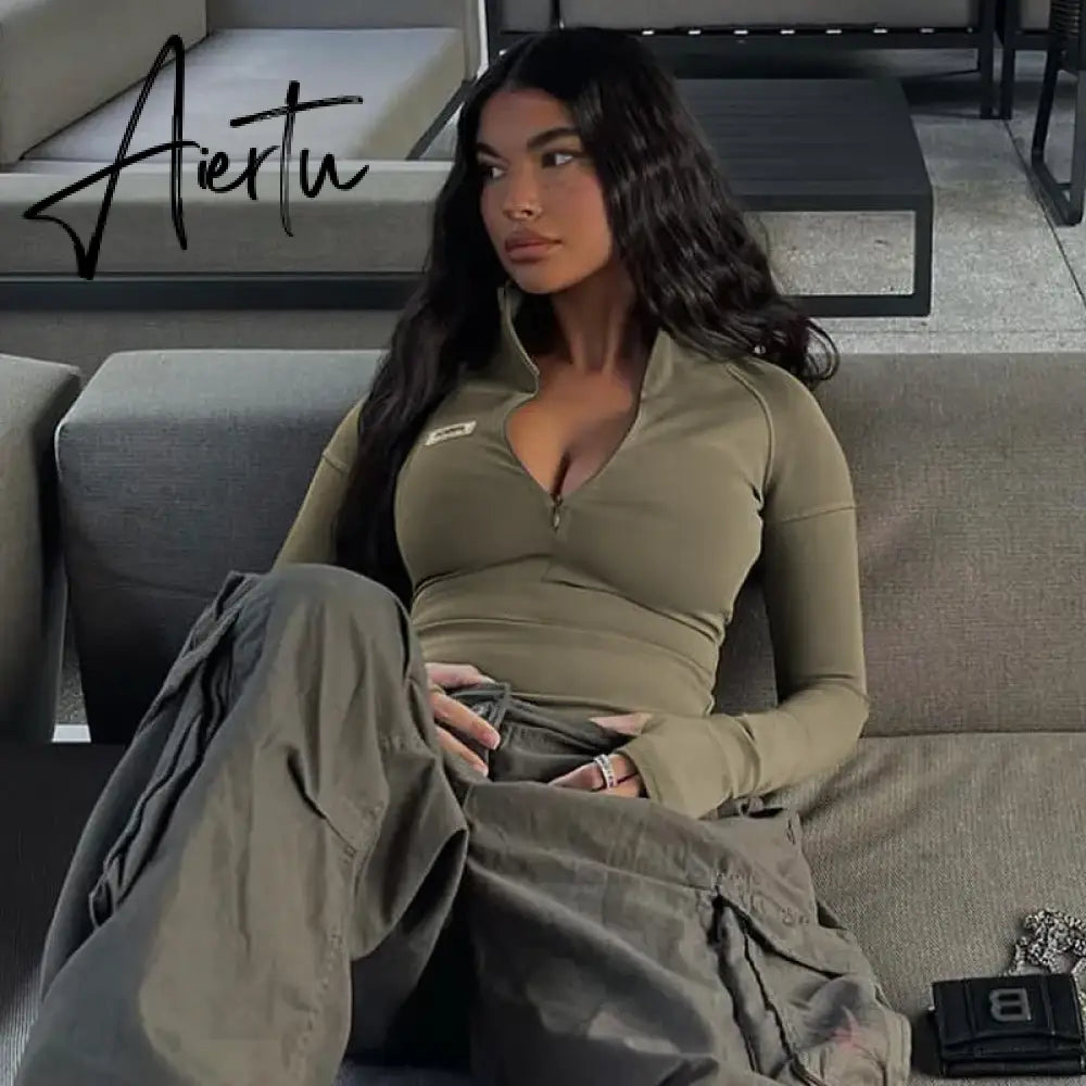 Summer Women Zipper Long Sleeve Bodycon T Shirt Fitness Crop Top Streetwear Y2K Clothes Outfits Sexy Korean Christmas Aiertu