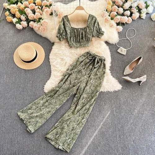 FTLZZ Summer Women Holiday Style Chiffon Printing Two Piece Set Short Shirt High Waist Wide Leg Pants Ladies Idyllic Style Sets