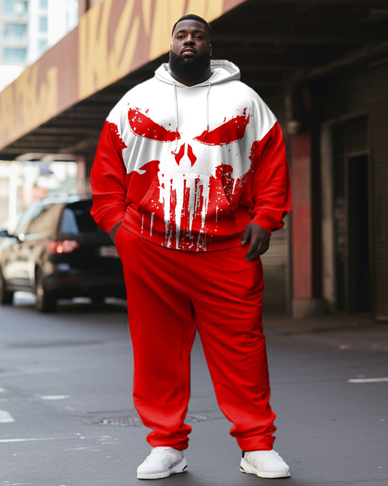 Men's Skull Color Block Plus Size Hoodie Set