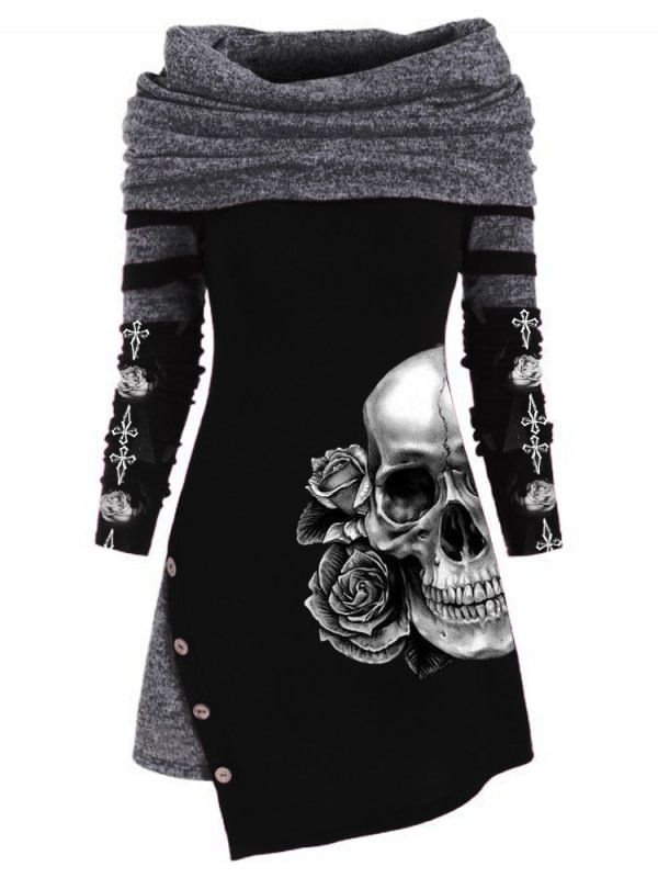Punk Skull Print Warm Knit Irregular Top