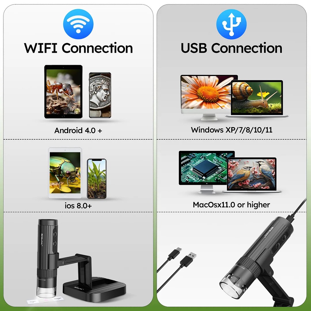 BEBANG 50X-1000X Handheld Microscopes, HD WiFi Digital Microscope with Adjustable Stand, Compatible with iPhone Android Mac Windows