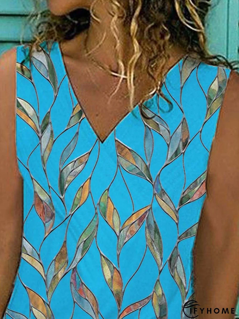 Leaves Sleeveless  Printed  Cotton-blend  V neck Holiday Summer Blue Top | IFYHOME