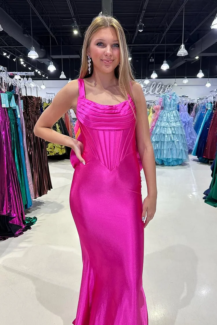 Hellodresses Spaghetti Strap Sleeveless Mermaid Long Prom Dress With Bowknot