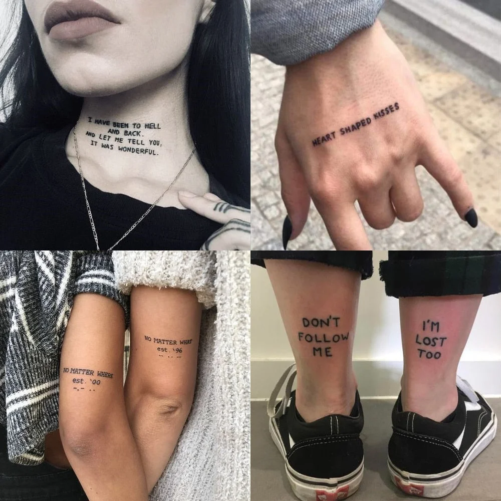 56Sheet Waterproof Temporary Tattoo Sticker Black Devil Doesn't Sleep English Letters Tatoo Fake Tatto Neck Wrist For Woman Men
