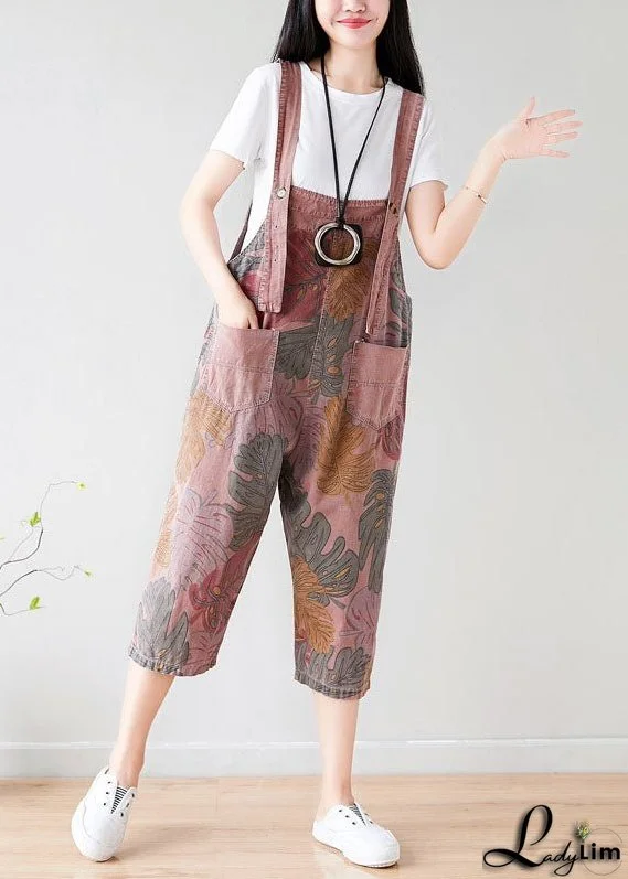Fashion Brick Red Oversized Print Cotton Jumpsuit Spring
