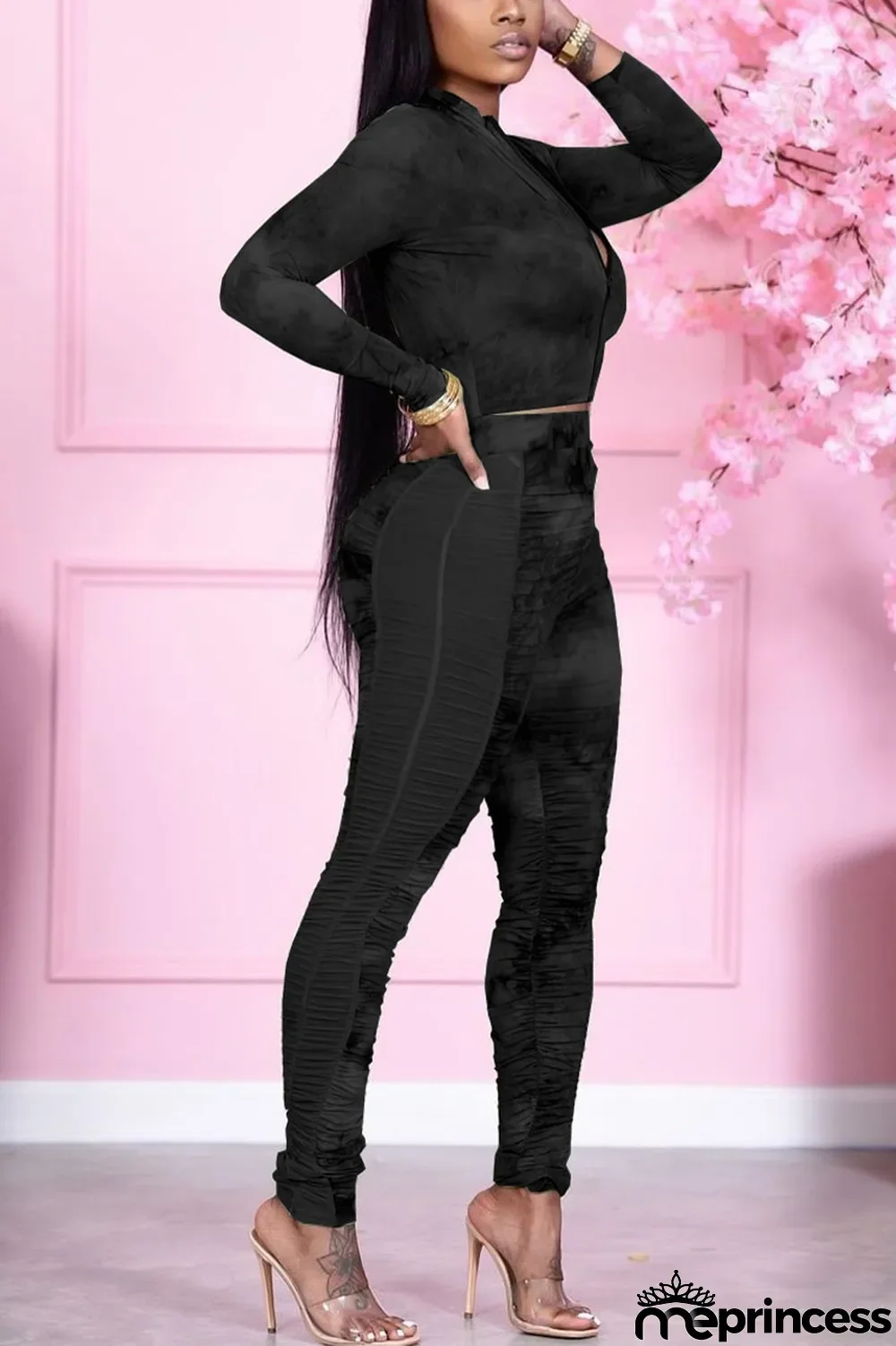 Blue Casual Print Solid Split Joint Zipper Collar Long Sleeve Two Pieces