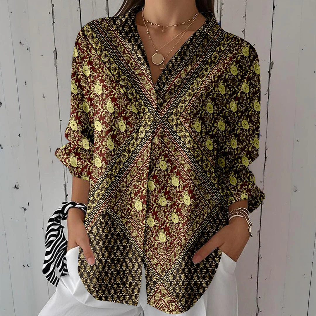 Style & Comfort for Mature Women Women Bohemian, Brown, Gold DZCL0464 3/4 Sleeve Shirt Collar Printed Button Tops