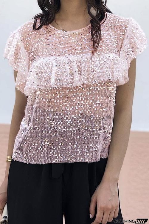 Ruffles Sequin Short Sleeve T Shirt