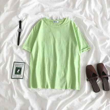 Summer Tee Shirt Solid Color Basic T-Shirt Women Casual O-neck Harajuku Top Korean Hipster Cotton Basic Tshirt