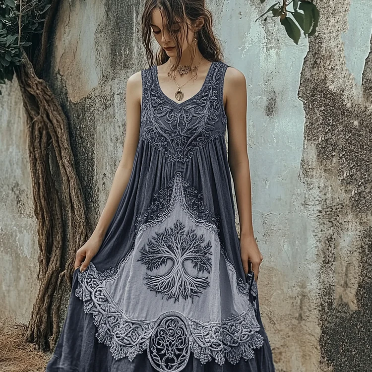 Vintage Tribal Viking Tree Of Life Celtic Knot Linen Blend Tank Midi Dress