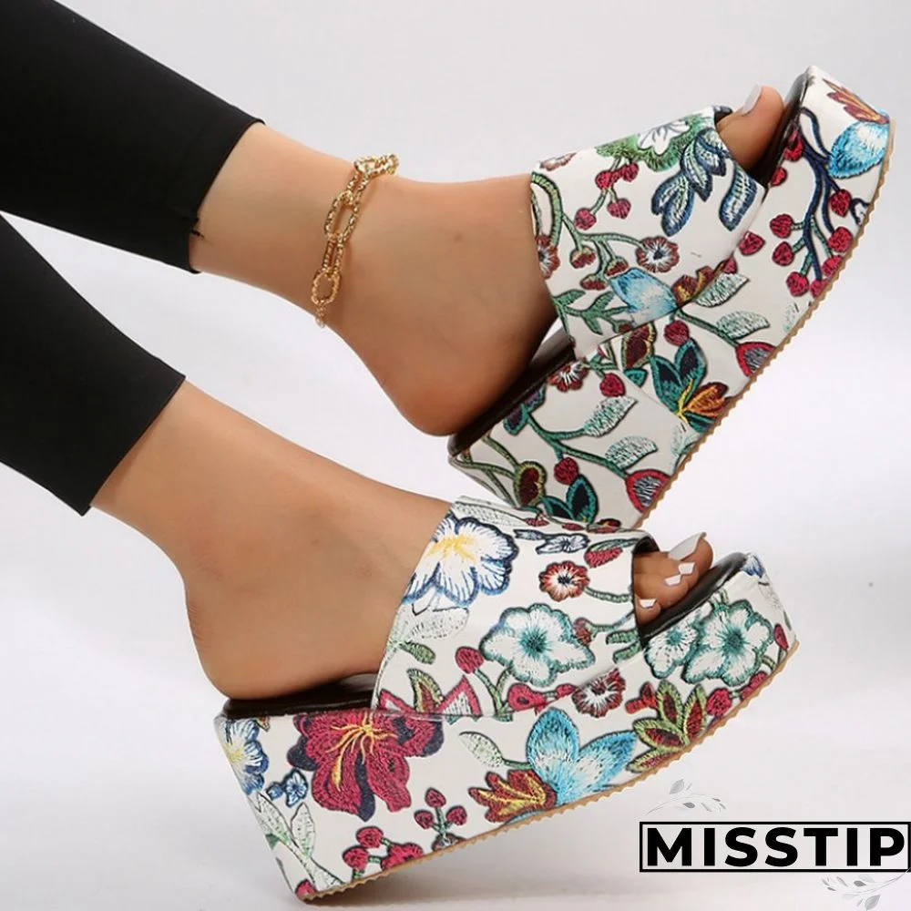 Black Patchwork Printing Round Out Door Wedges Shoes (Heel Height 2.36in)