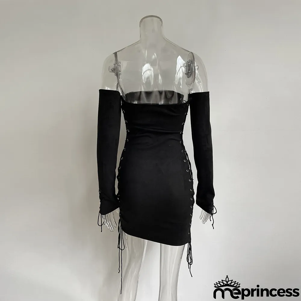 Summer Solid Color Strapless Lace-Up Club Dress With Sleeves