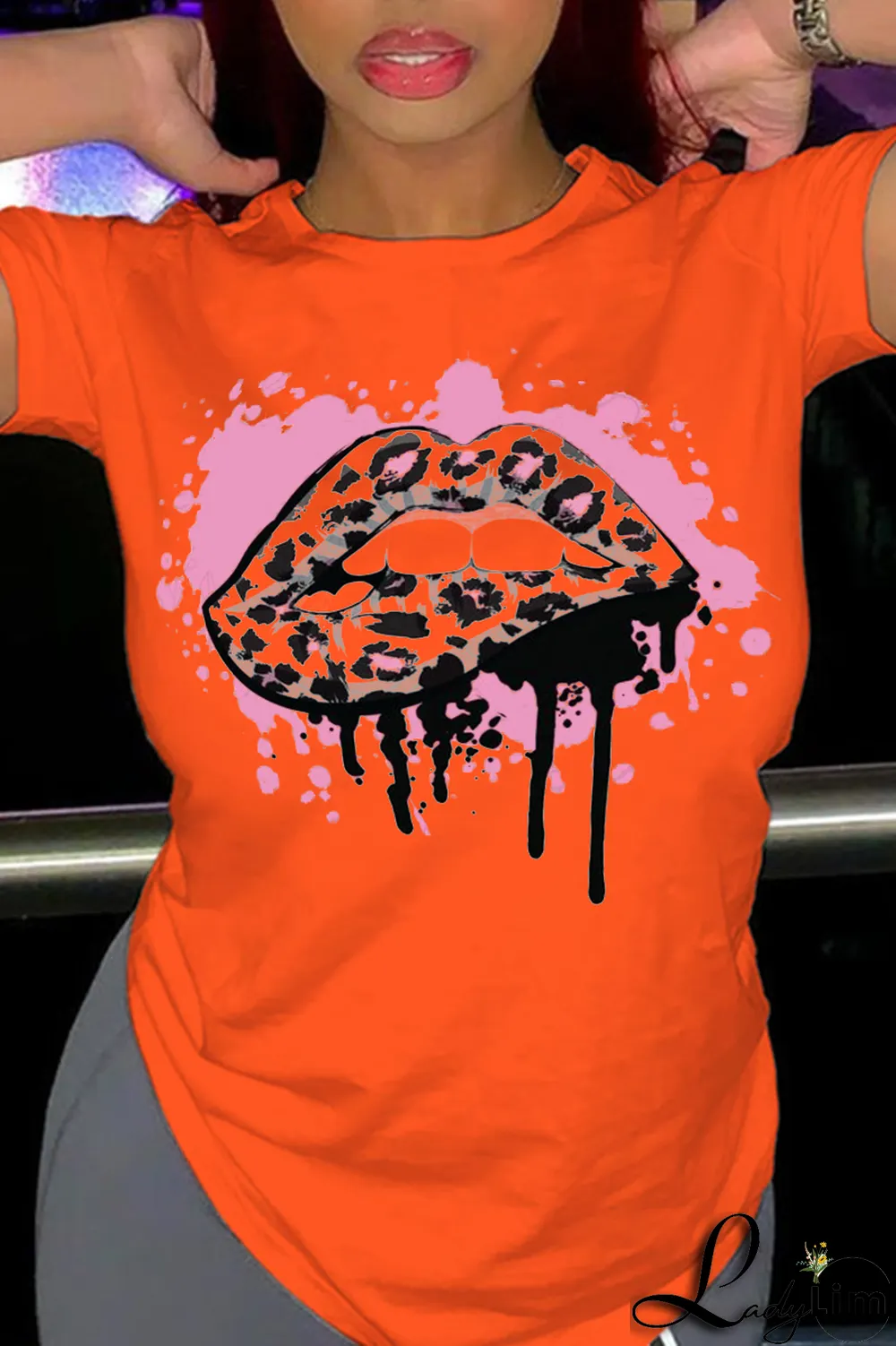 Black Fashion Street Lips Printed Split Joint O Neck T-Shirts