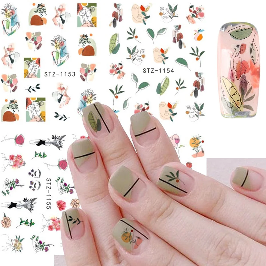 Nail Stickers Water Transfer Sketchs Lady Flower Leaves Designs 4Pcs/Set Nail Decal Decoration Tips For Beauty Salons-Nail Inspo