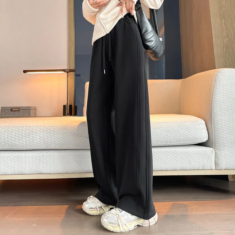 Woherb Black Tall Add Velvet Narrow Version Straight Banana Pants Female Autumn Winter New High Waist Hanging Feeling Wide Leg Sports Casual Pants-Outfit Ideas