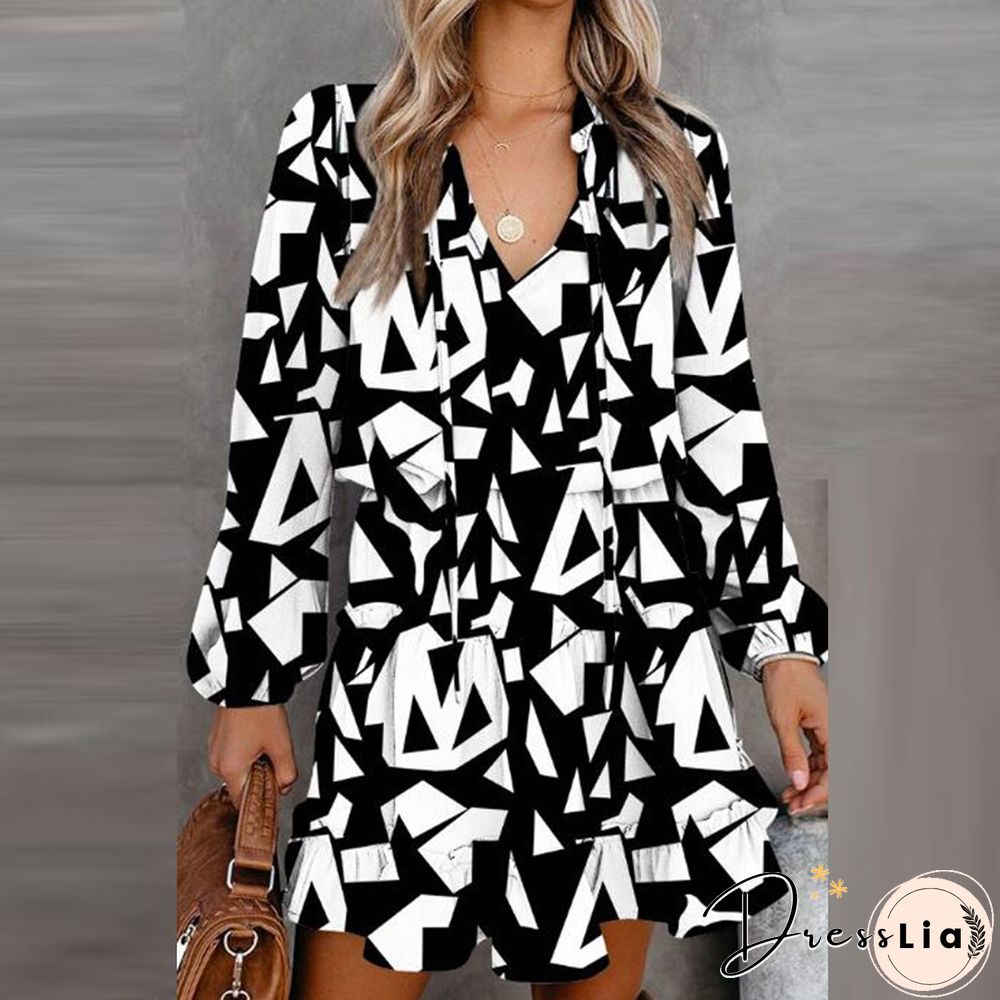 Vintage Floral Printed Mini Dress Women Casual Long Sleeve V Neck Lace-up Early Autumn Dress Fashion Loose Waist Ruffle Dresses