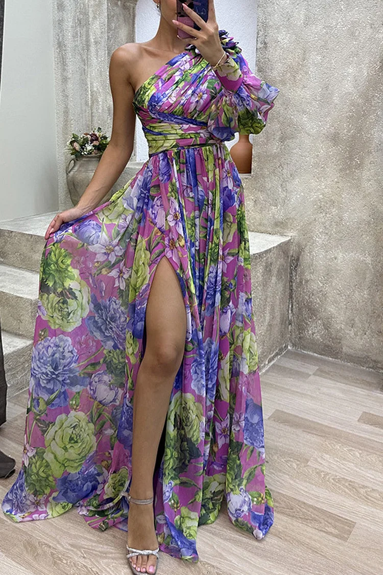 Purple Elegant Floral Slit Evening Dress 