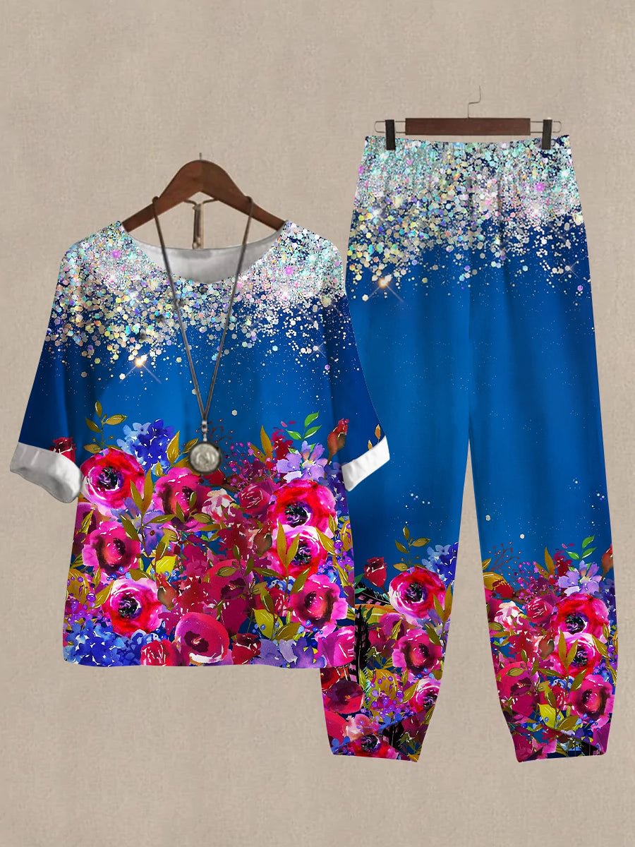 Linen Casual Women's Colorful Flower Print Two Pieces Set