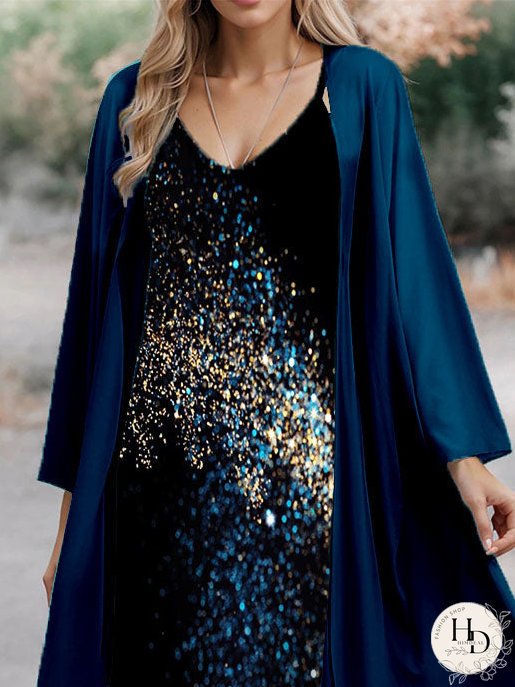 Women's Long Sleeve V-neck Graphic Printed Two Pieces Maxi Dress