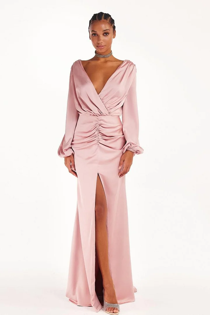 Lvs&Broner Pink Long Sleeves V Neck Pleated Long Prom Dress With Front Split