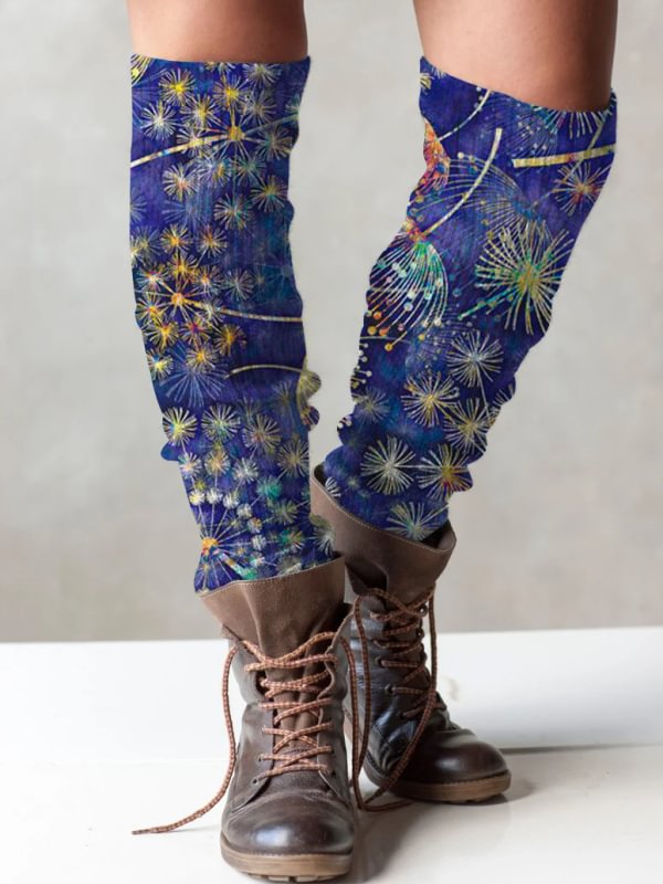 Retro dandelion print knit boot cuffs leg warmers