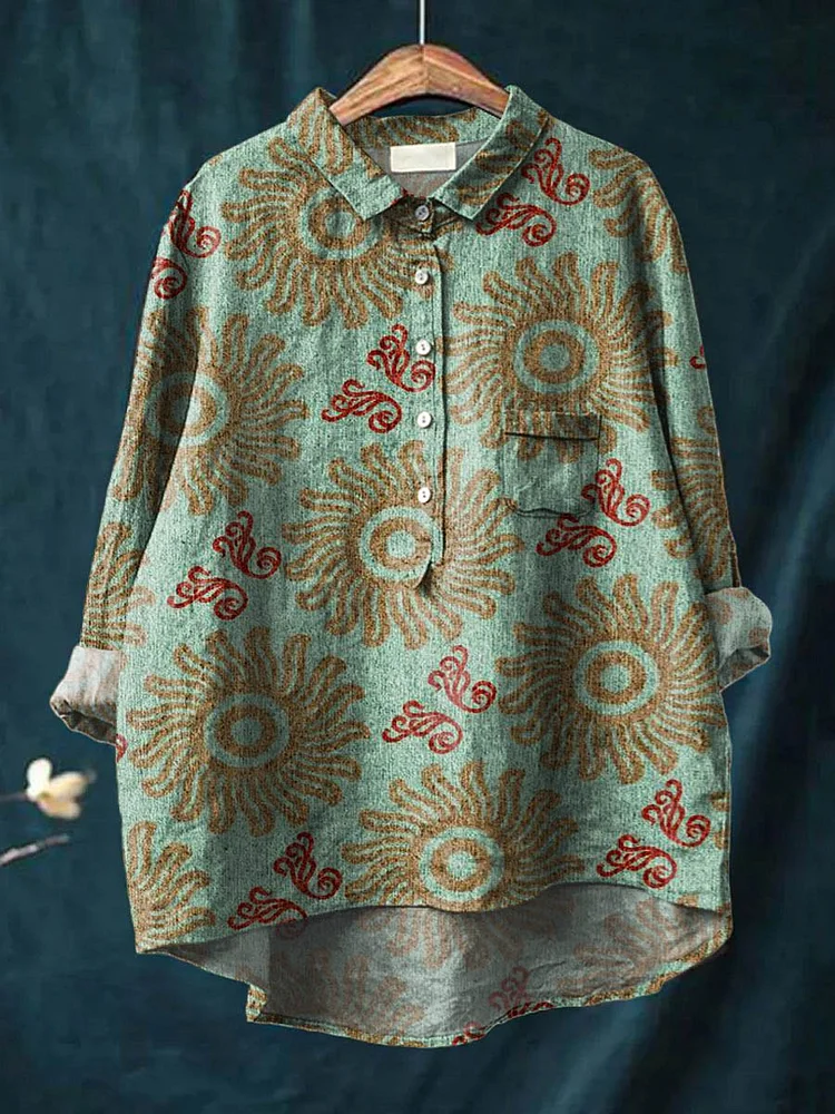 Womens Vintage Ethnic Sun Pattern Art Print Casual Cotton And Linen Shirt