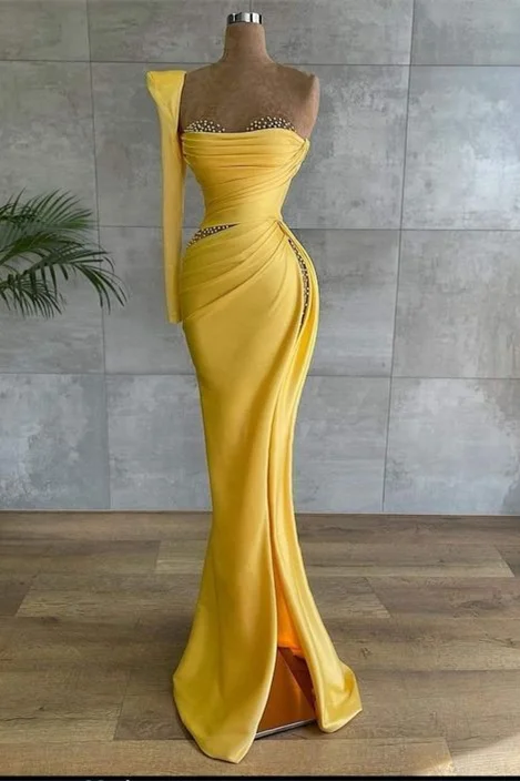 Oknass One Shoulder Long Sleeve Long High Split Prom Dress With Beading