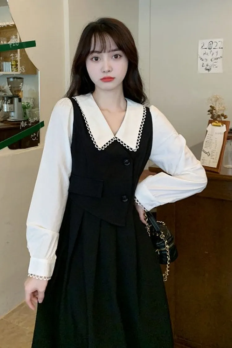 Layered Vest Midi Dress Two Tone Design for Fall and Winter