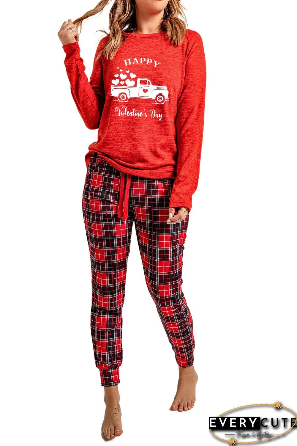 HAPPY Valentine's Day Plaid Long Sleeve Lounge Set