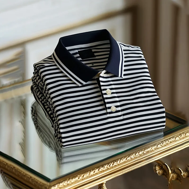 Men's Business Casual Striped Button Short Sleeve Polo Shirt