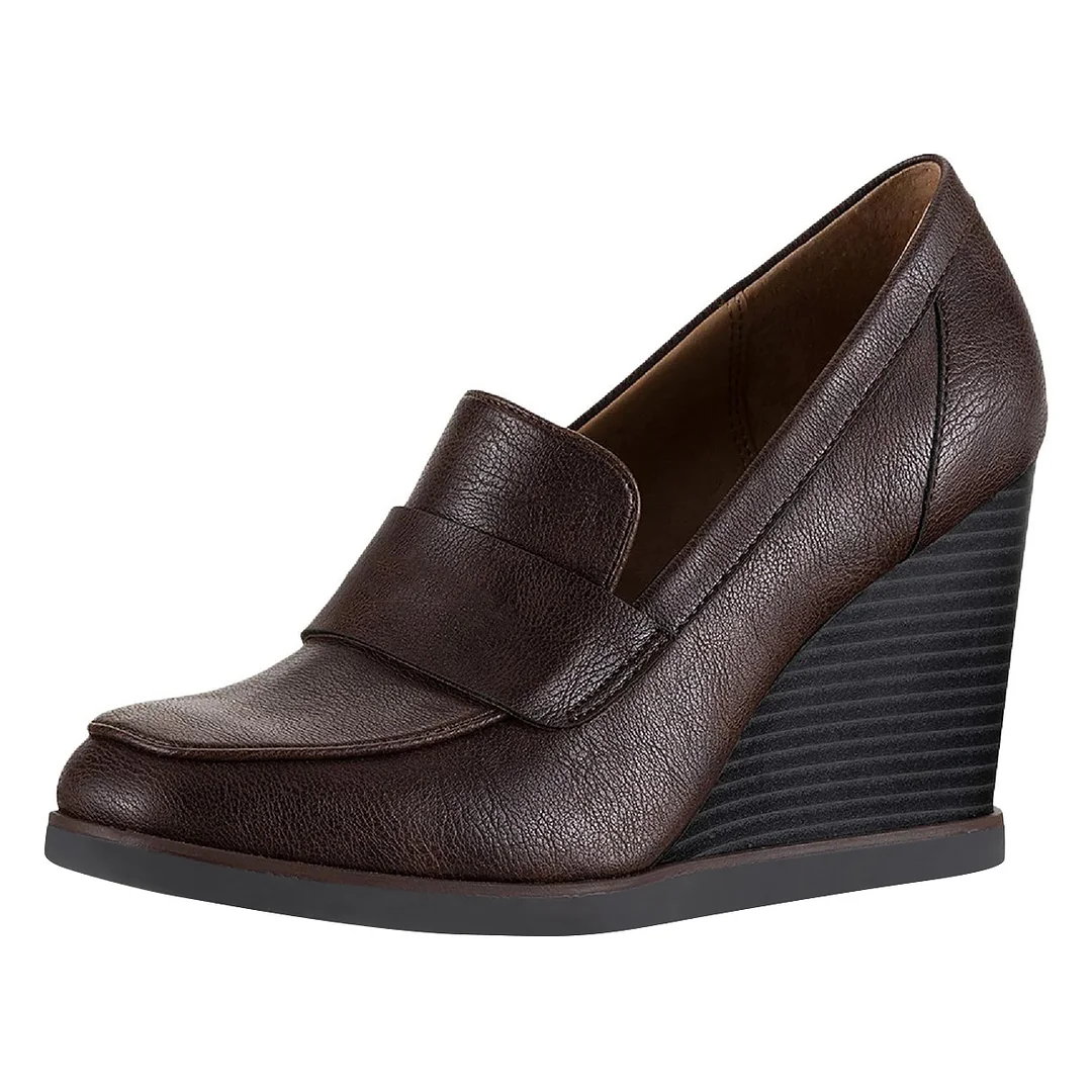 Vegan Leather Dark Brown Loafers with Wedge Heel for Women