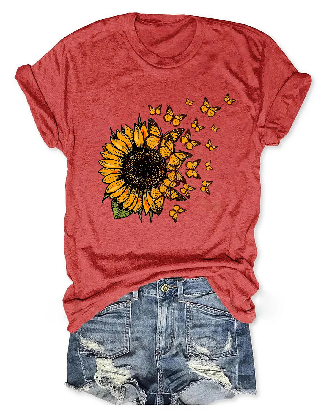 Beautiful Sunflower And Flying Butterflies T-shirt