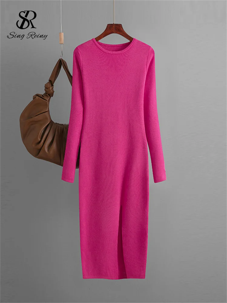Huibahe Autumn Skinny Knitted Dress Female O Neck Split Outerwear Fashion Korean Style Office Lady Solid Slim Sweater Dress