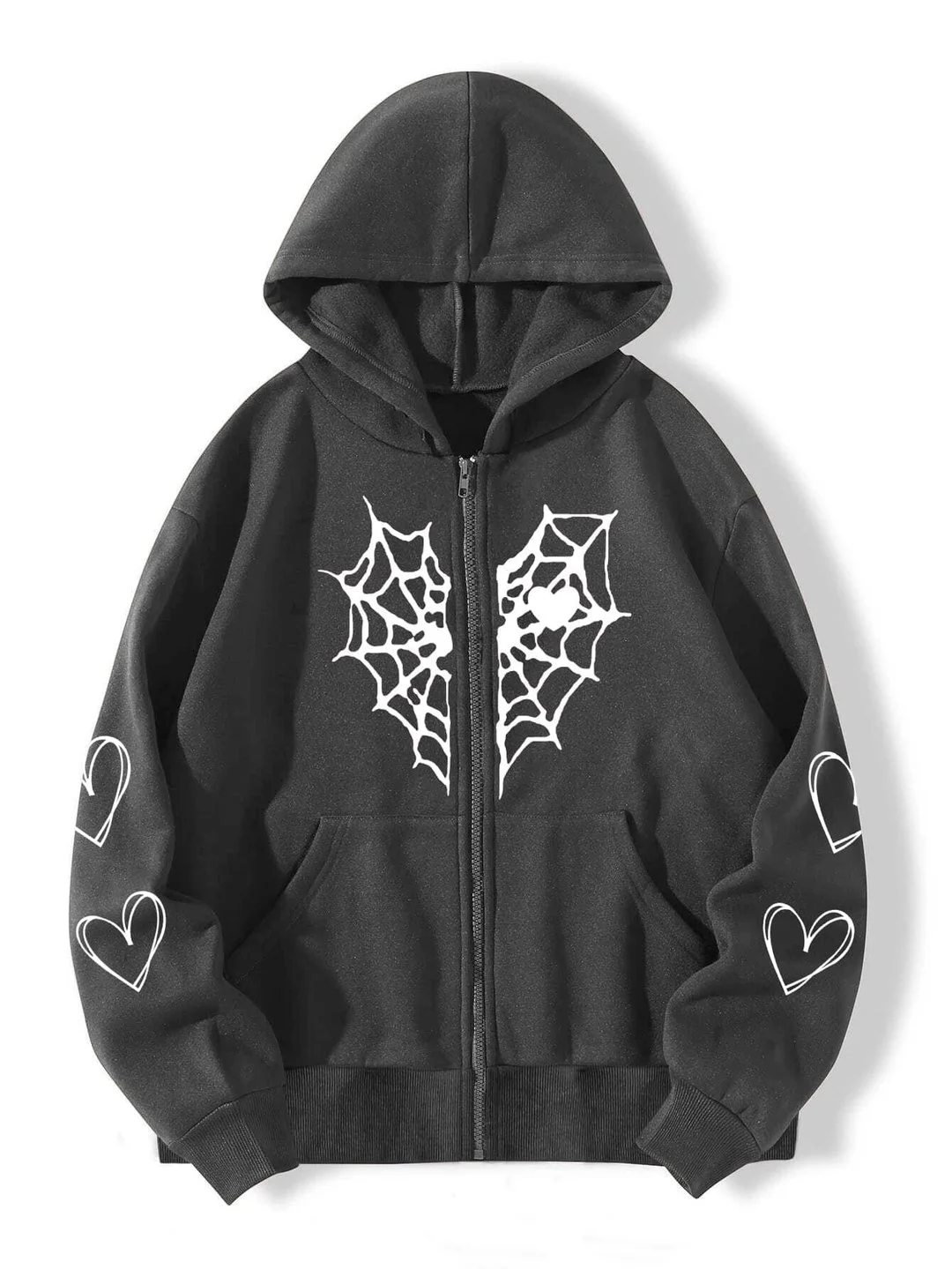 Spider Web & Heart Print Zipper Thermal Hoodie