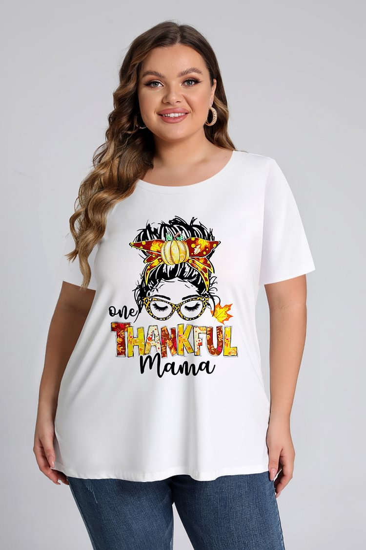 Flycurvy Plus Size Thanksgiving Day White Character Letters Print T-Shirt  flycurvy [product_label]