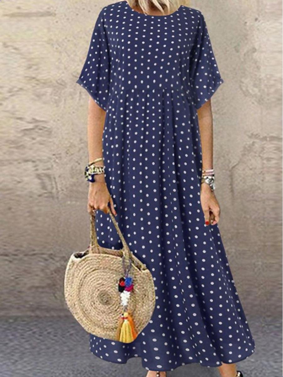 Polka Dot Tunic Round Neckline Maxi A-line Dress