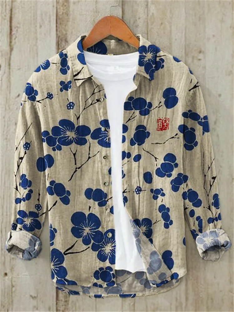 Comstylish Cherry Blossom Japanese Lino Art Linen Blend Shirt