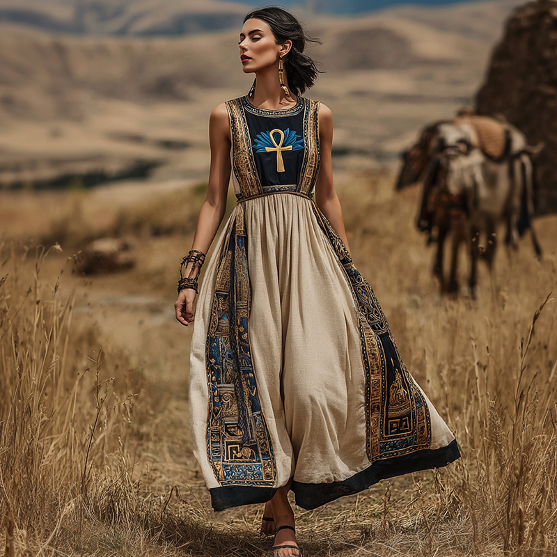 Classy Egyptian Ankh Symbol And Nymphaea Lotus Pattern Embroidered Contrast Linen Maxi Dress