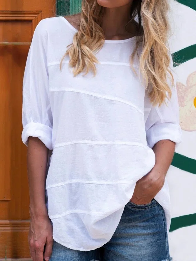 Long Sleeve Binding Plain Crew Neck Shirts & Tops