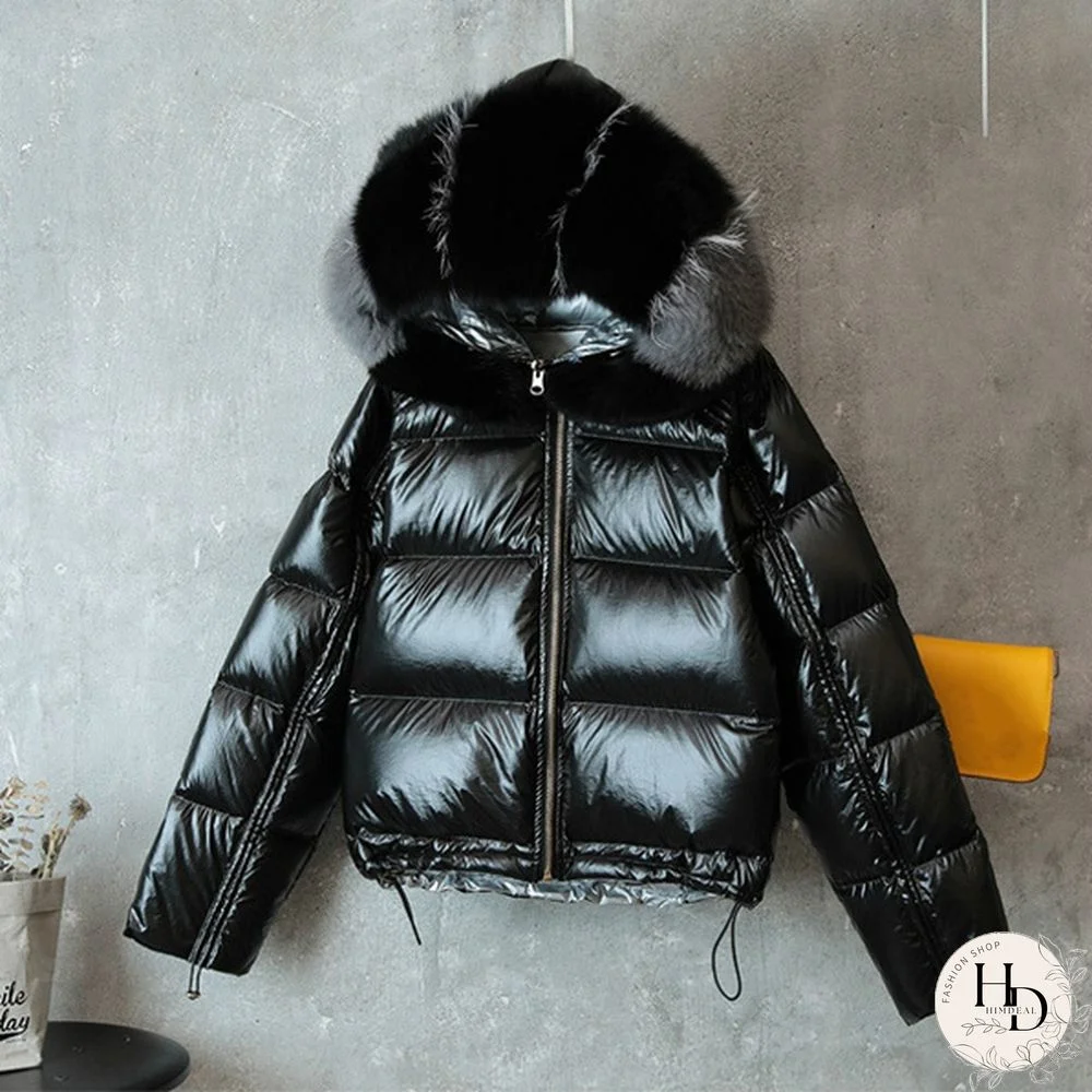 Women Duck Down Coat Fur Hooded Parka Warm Jacket Puffer Shiny Ski Winter