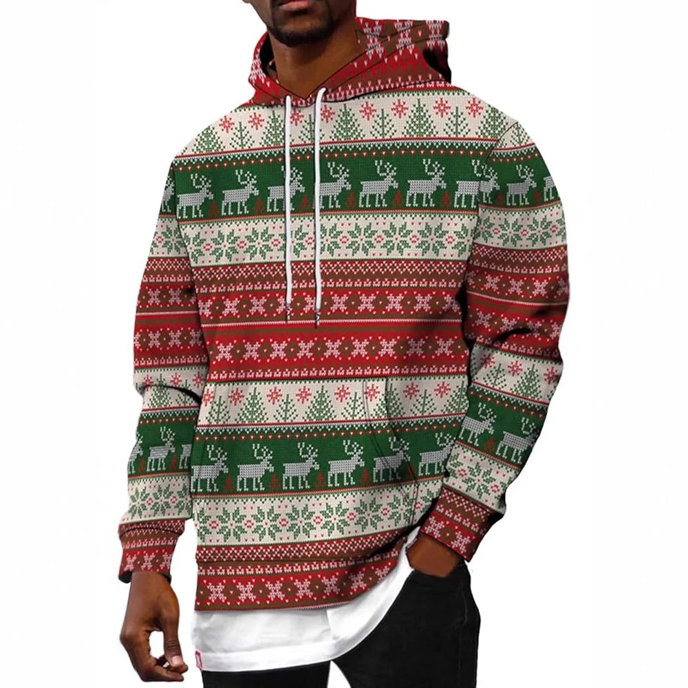 Men's Casual Sports Christmas Reindeer Series 3D Digital Printed Hooded Pullover