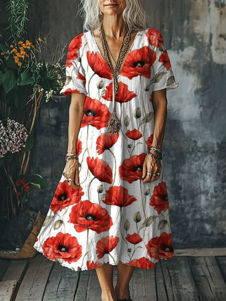 Women's  Flowers Art Print Pocket Cotton Dress