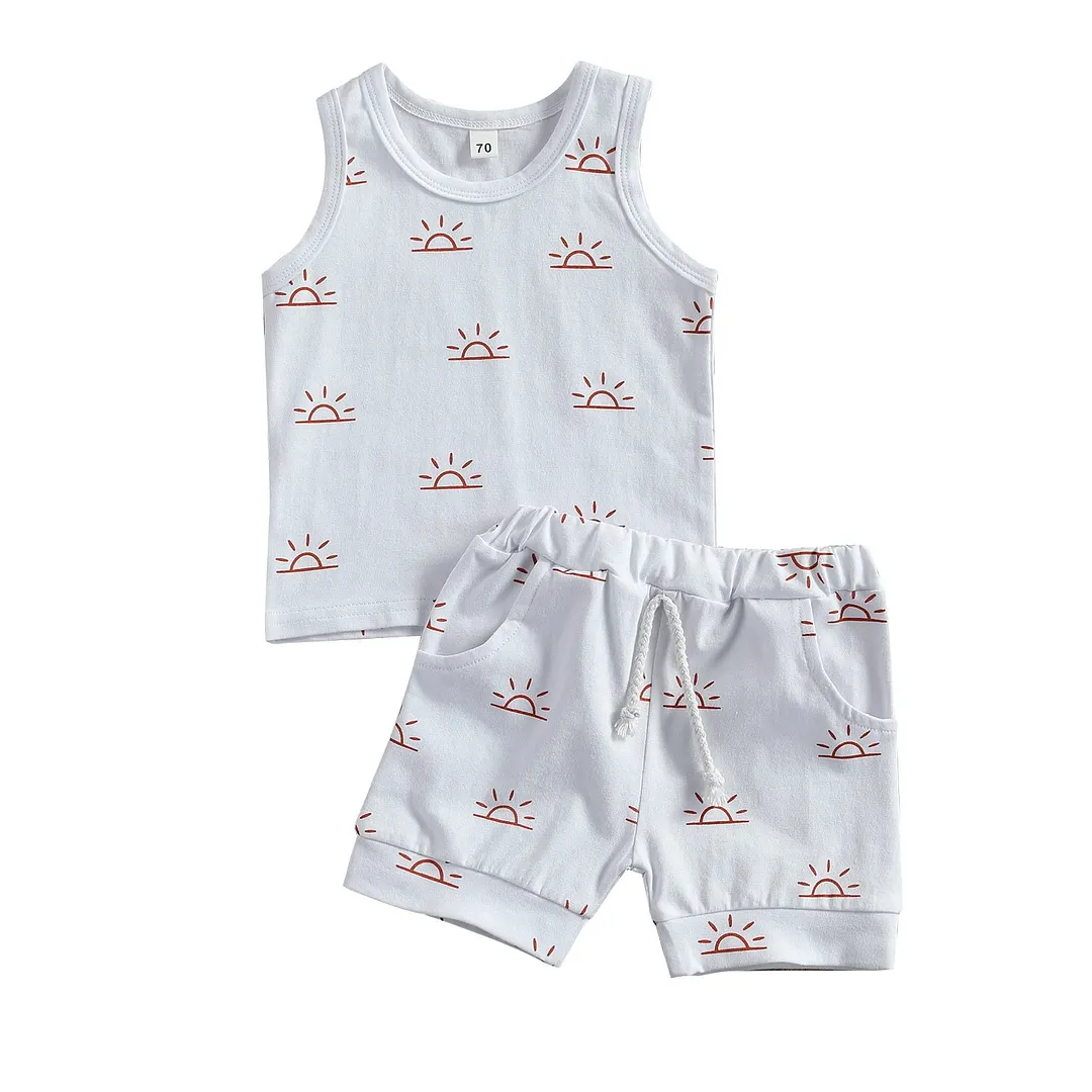 2021 Baby Summer Clothing Newborn Baby 2-piece Outfit Set Fashion Sun Print Tank Top Shirt +Shorts Set for Kids Boys Girls