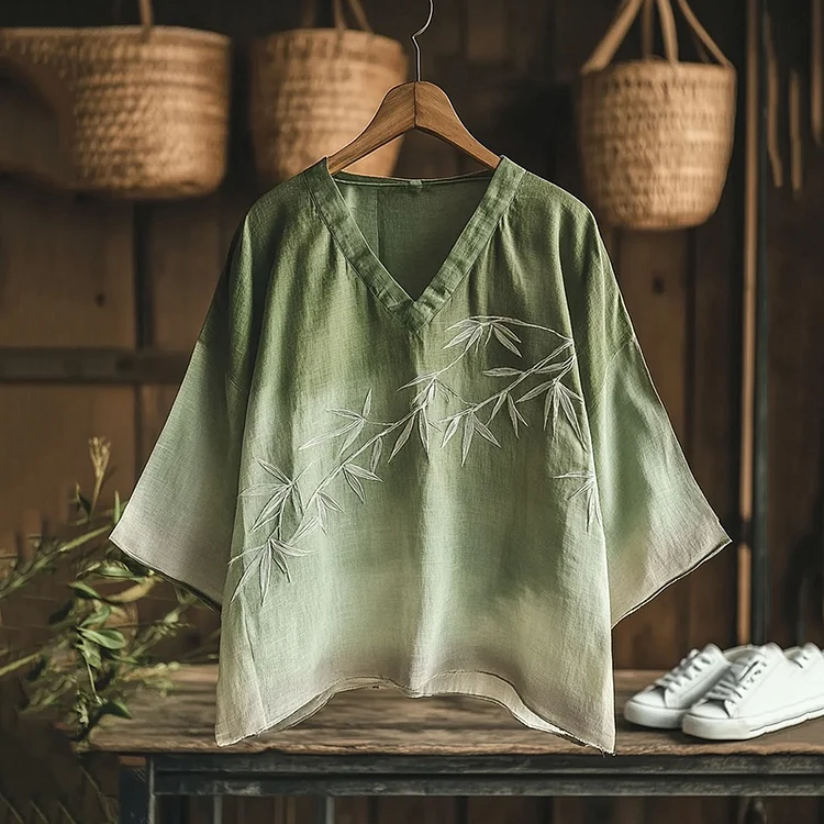 Vintage Gradient Bamboo Embroidery Japanese Art Linen Blend Cozy Tunic