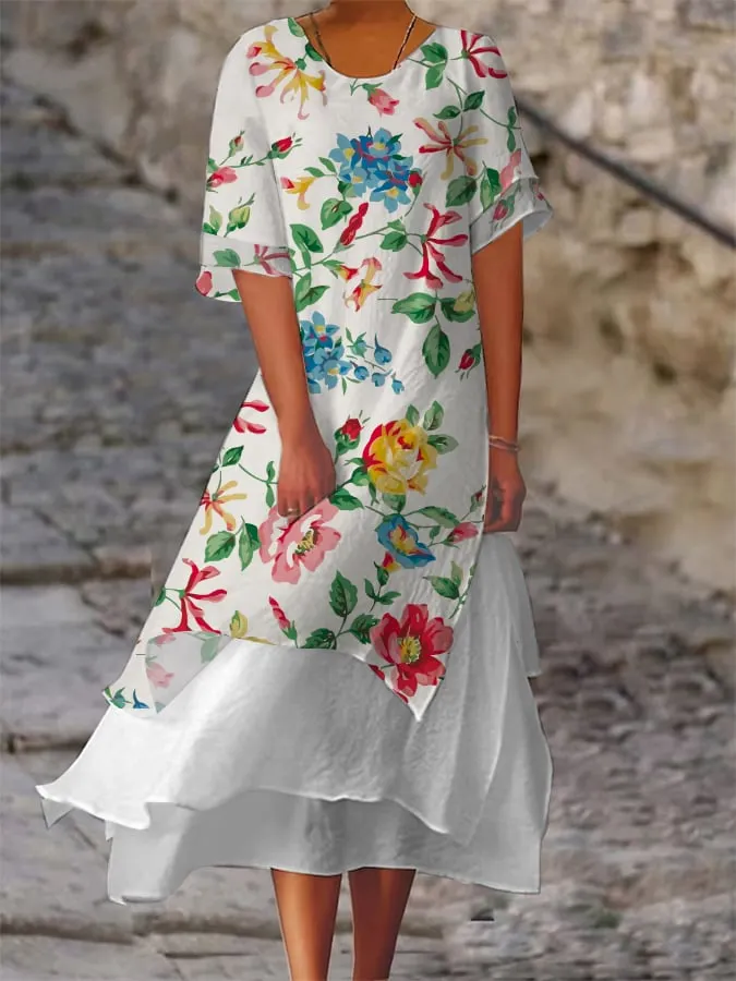 Women's Double Layer Color Block Floral Print Design Slit Short Sleeve Round Neck Dress
