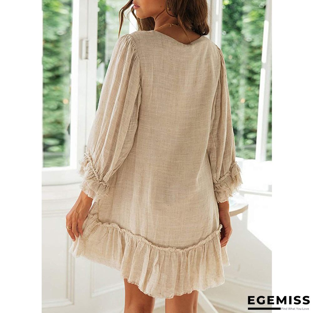 A-line Skirt Loose Long Sleeve Ruffle Hem Cotton Linen Dress | EGEMISS