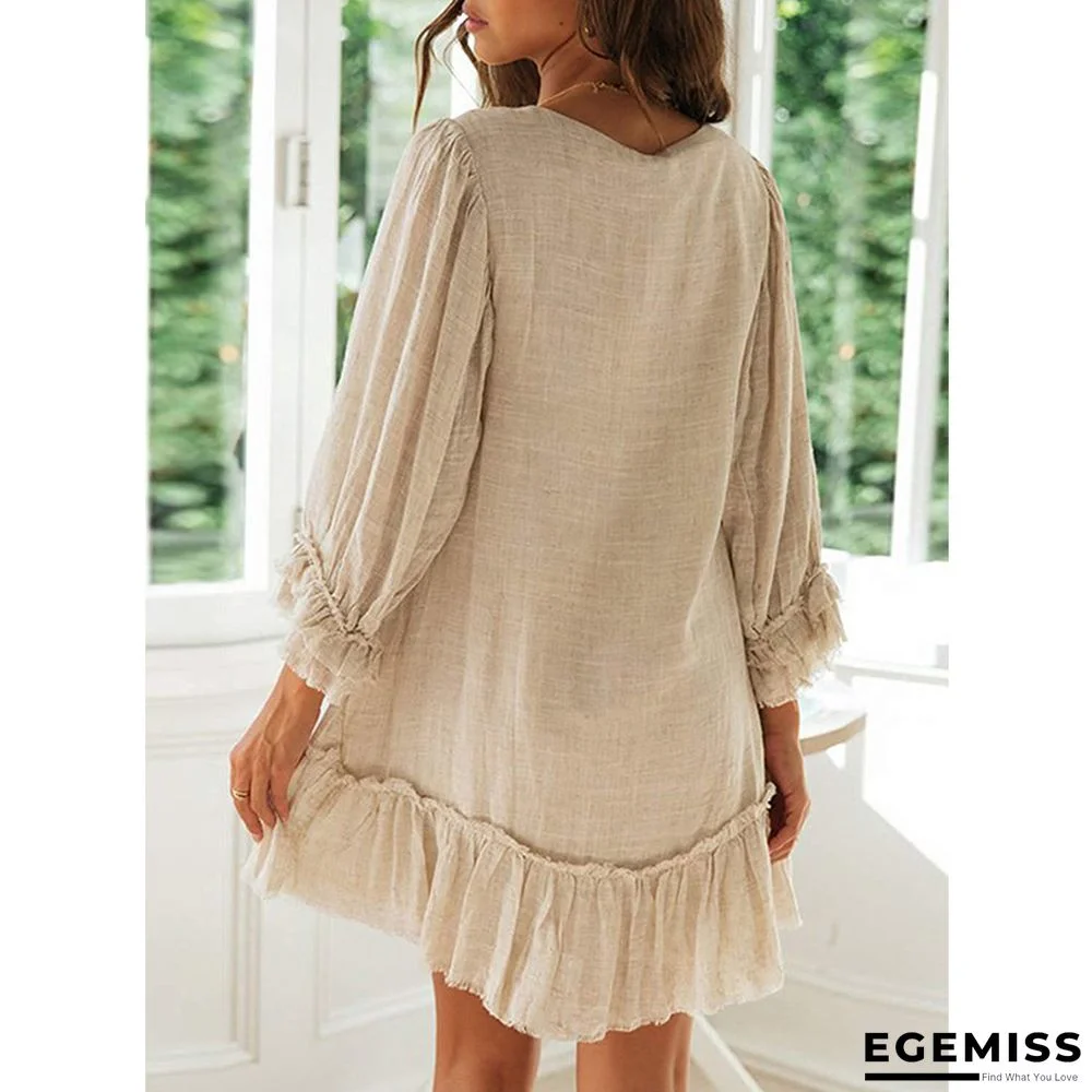 A-line Skirt Loose Long Sleeve Ruffle Hem Cotton Linen Dress | EGEMISS