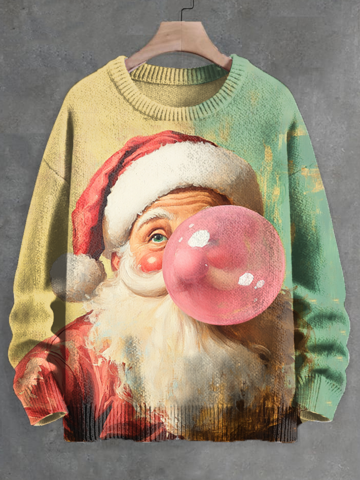 Men's Santa Blowing Bubble Gum Color Block Print Knit Sweatshirt