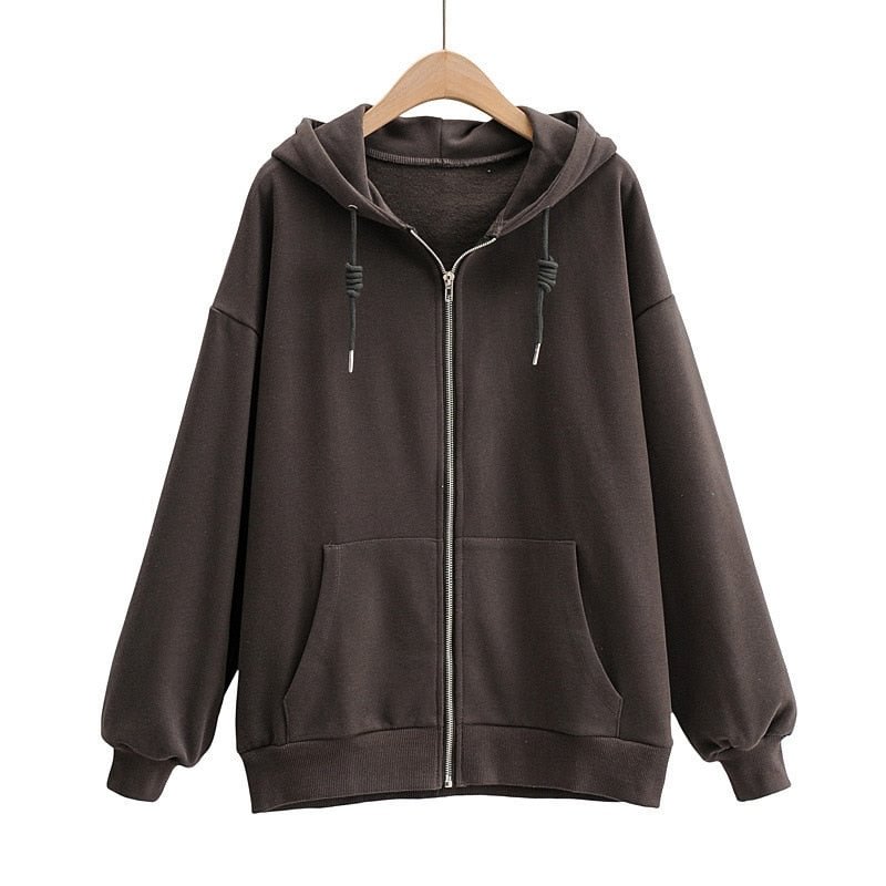 2022 Y2K Women Loose Simple Style Plush Hoodie Vintage Solid Color Zip Long Sleeve Jacket Hip-Hop Autumn Winter Sweatshirt Coat