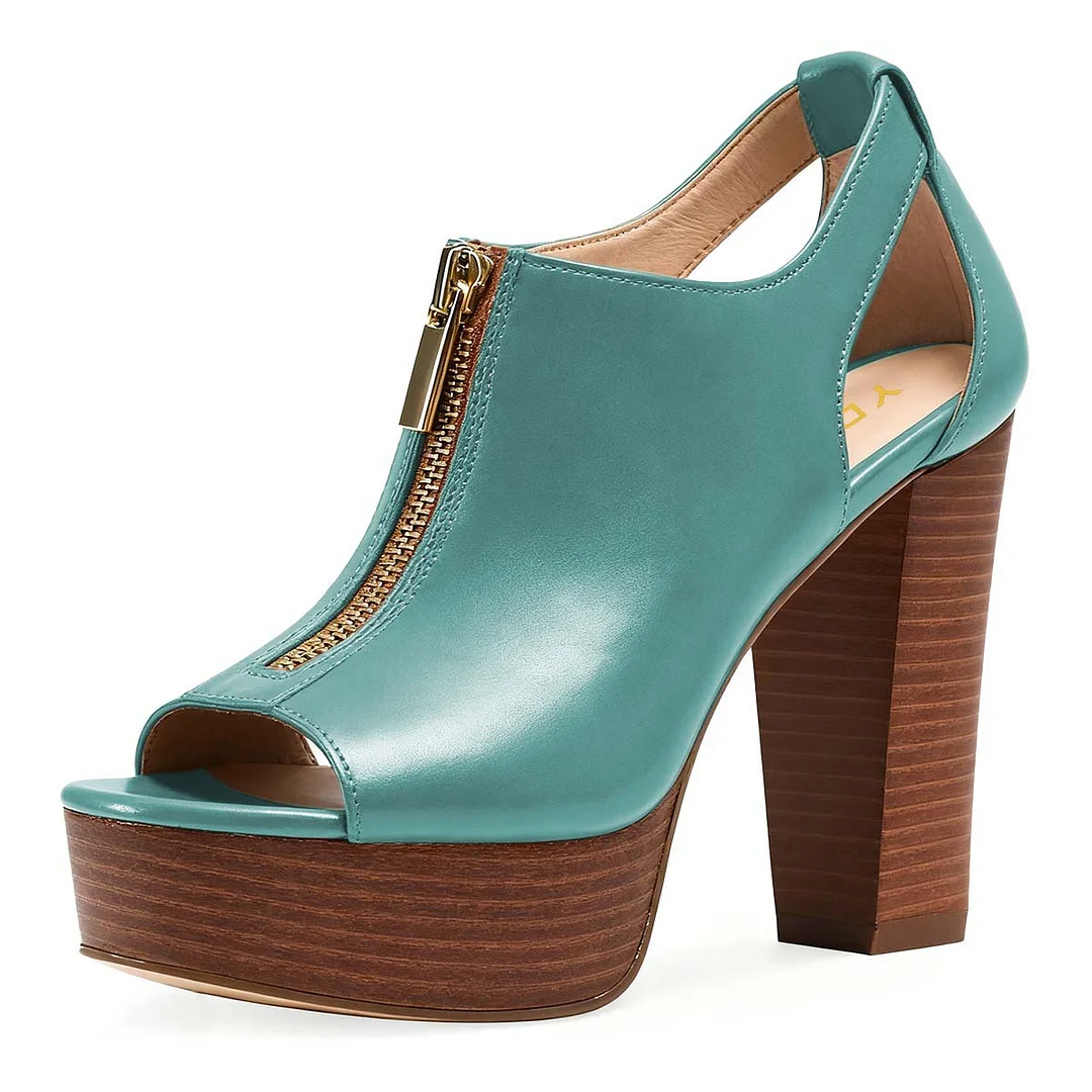 Teal Peep Toe Platform Women's Heel Sandals with Front Zipper